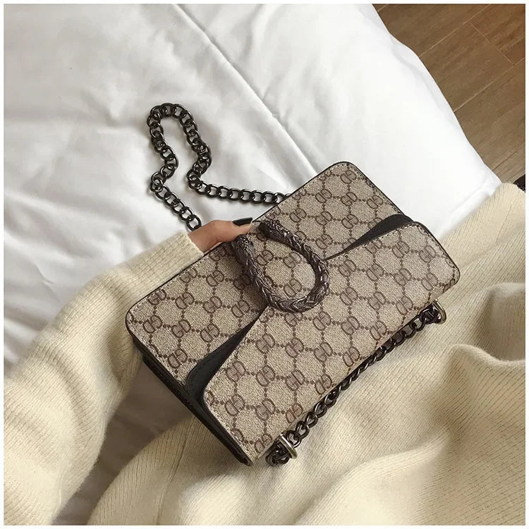 Fashionable Mini Printed Chain Women's Bag Crossbody Shoulder Bag Soft PU Leather Square Shape Bag with Phone Pocket