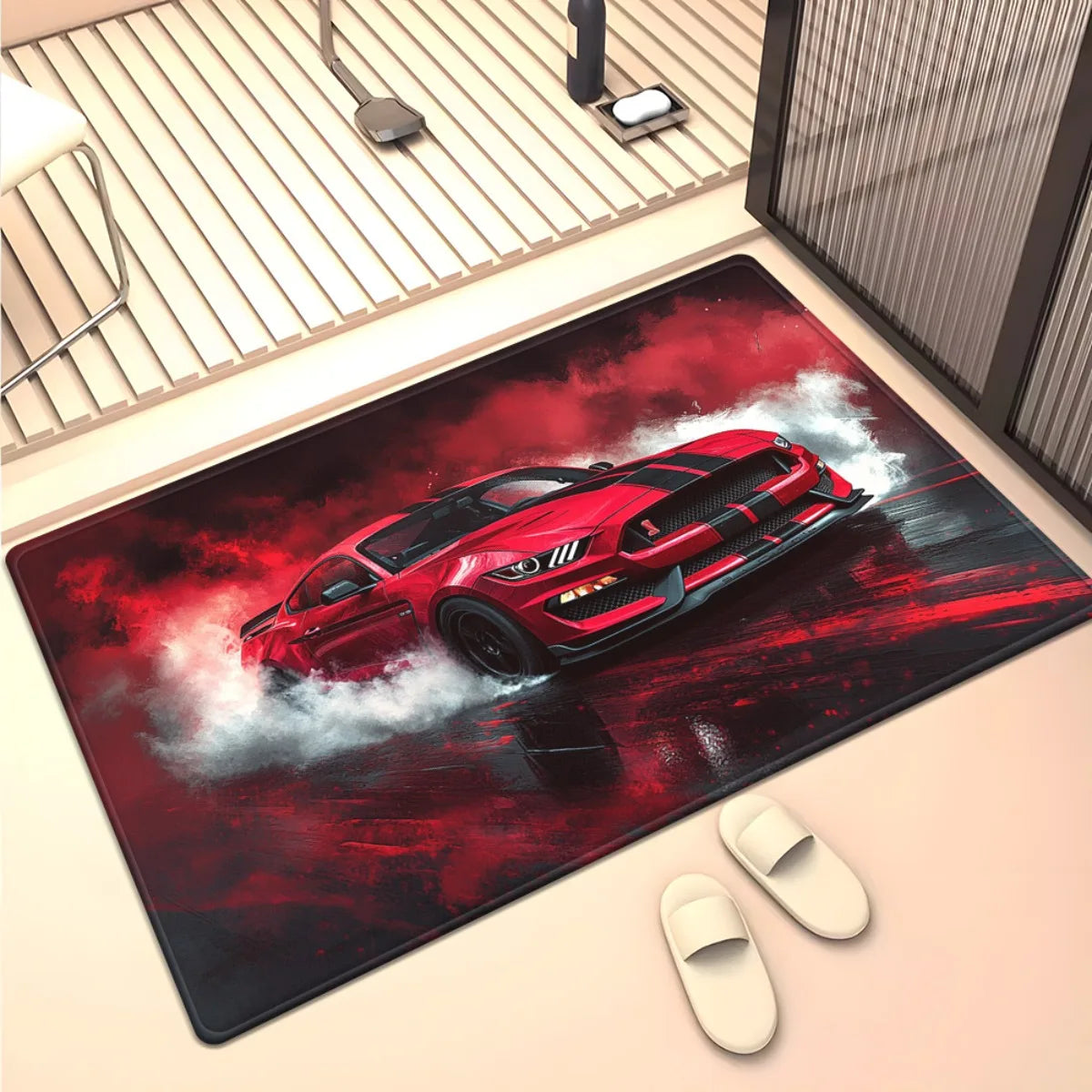 Red Sports Car Rug – High-Speed Racing Art Design, Dynamic Floor Mat for Living Room & Man Cave Decor