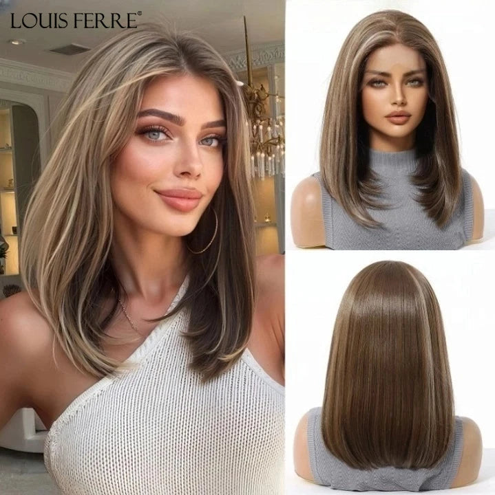 13*6 HD Transparent Lace Front Wigs Natural Hairline Short Straight Synthetic Wigs For Women Daily Party Brown Mixed Blonde Wigs