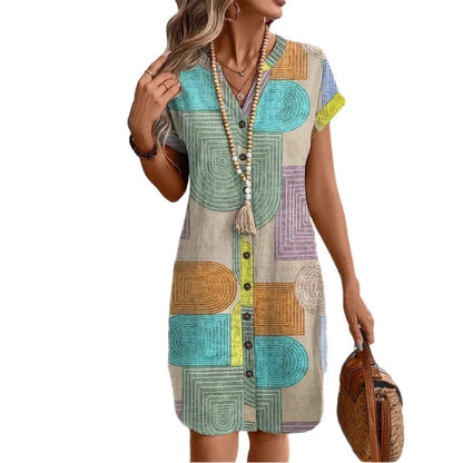 2025 European and American women's clothing foreign trade Amazon summer geometric printing elegant V-neck button up dress