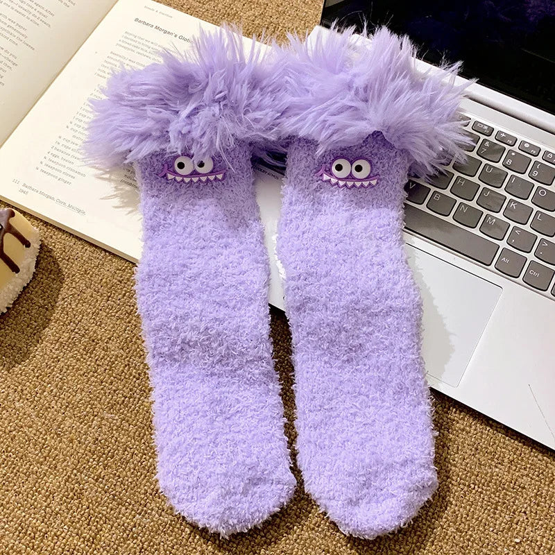 Funny Big Mouth Monster Plush Socks Cute And Fun Plush Socks Thick Coral Velvet Cartoon Sleeping Socks Winter Women Socks Gifts