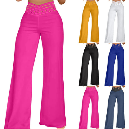 Women Wide Leg Flared Pants New Y2k Casual Crisscross Sheer Mesh Patch High Waist Trousers Elegant Streetwear Work Pants