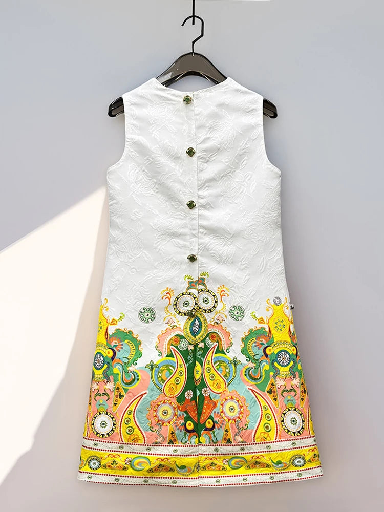 2026 Women Printed Beaded Dress Sleeveless Colorblock a Line Dress Elegant Summer Ladies Fashion Tank Dress Party Casual Dress