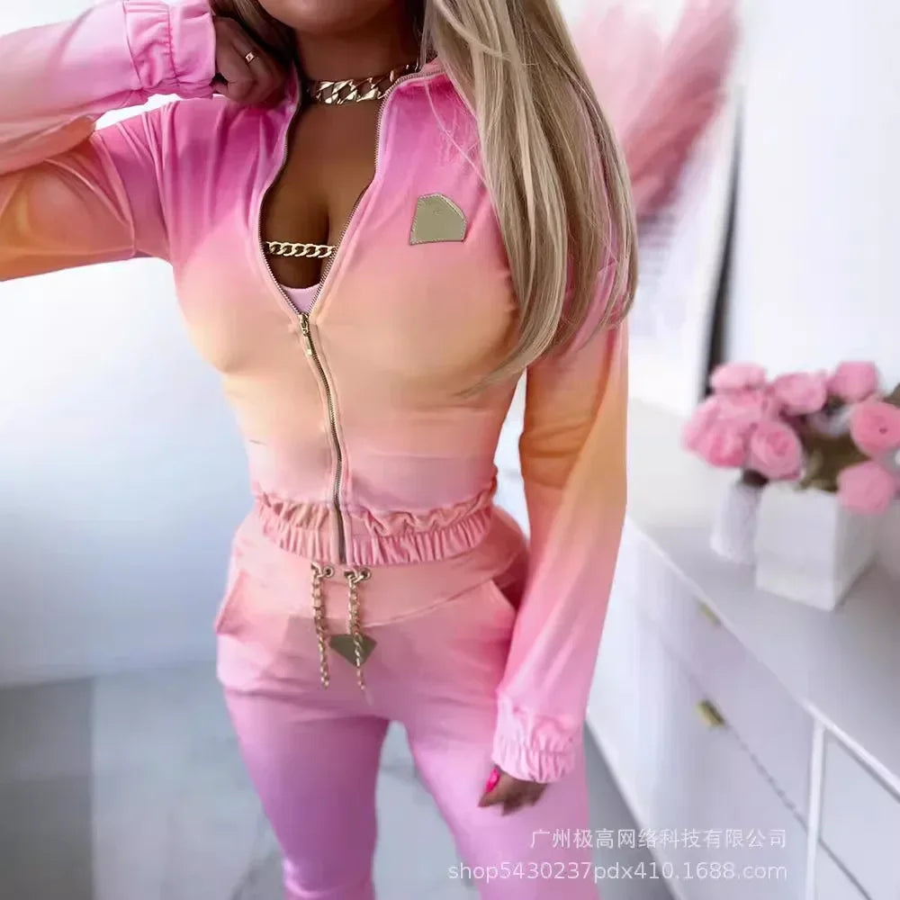 3pcs Women's Clothing Suit Gradient Color Chain Sleeveless Tank Top & Long Sleeve Jacket & Elastic Pants