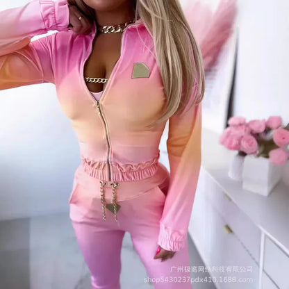 3pcs Women's Clothing Suit Gradient Color Chain Sleeveless Tank Top & Long Sleeve Jacket & Elastic Pants