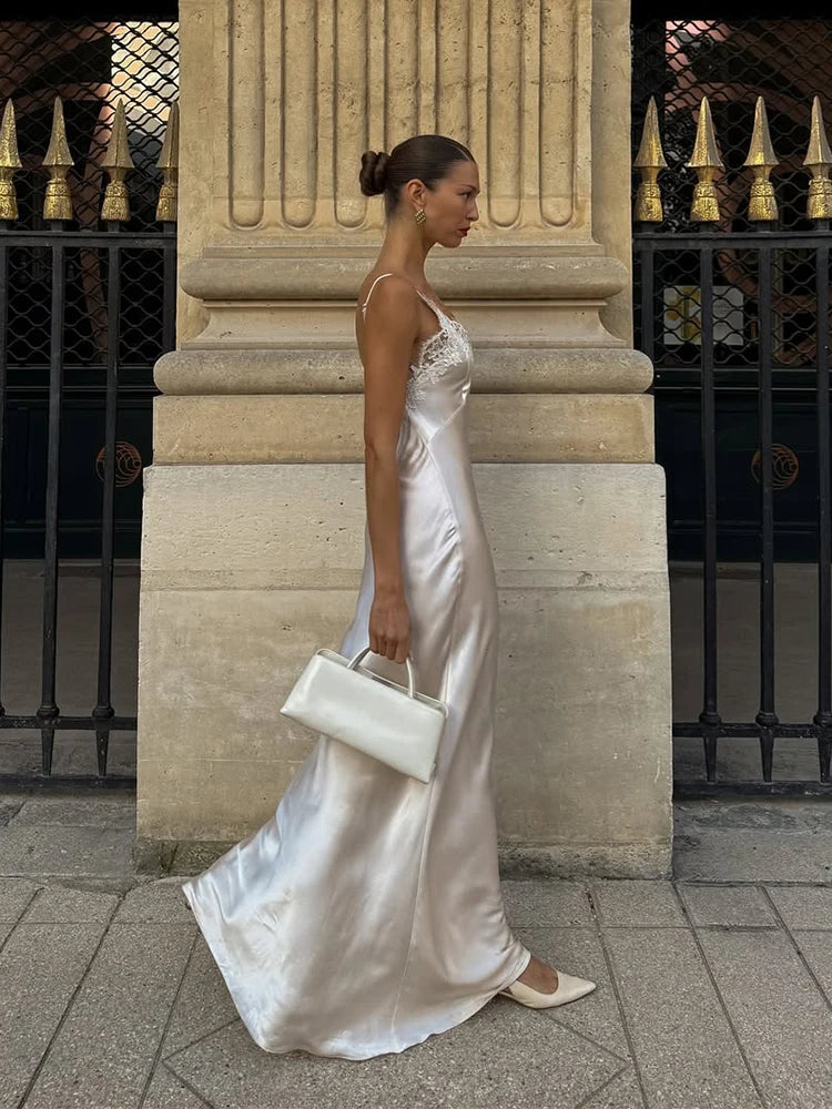 Lace Patchwork Sling Women's Dress Sexy Solid V-neck Sleeveless Backless Stain Female Maxi Dress 2026 Elegant Summer Party Gowns