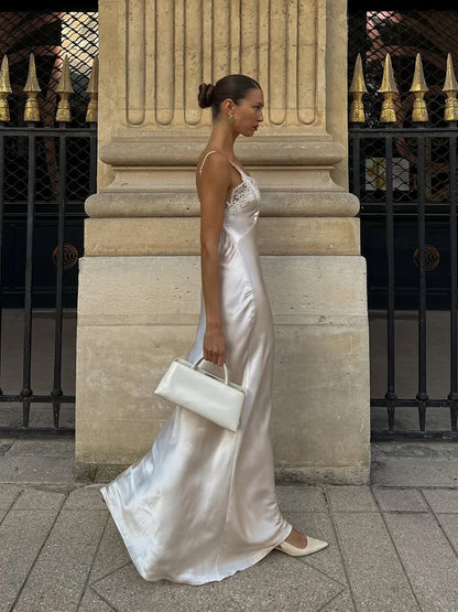 Lace Patchwork Sling Women's Dress Sexy Solid V-neck Sleeveless Backless Stain Female Maxi Dress 2026 Elegant Summer Party Gowns