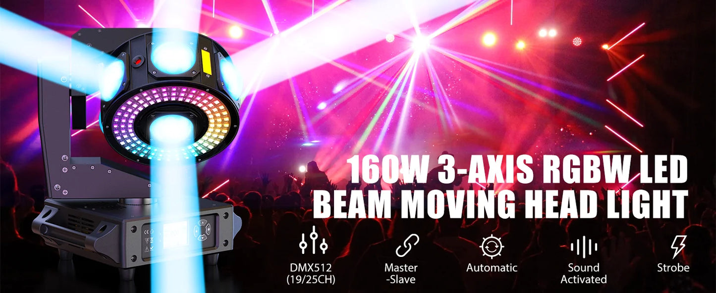 160W LED Moving Head Light Beam RGBW 360°Rotation Stage Effect Lighting Projector DMX512 Sound Control for Disco Party Concert