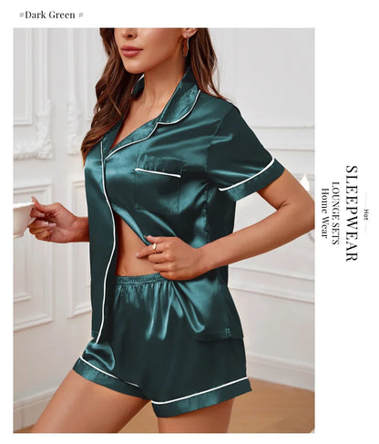 Women's Satin Pajama Set Summer Sleepwear Loungewear Short Sleeve Lapel Top & Shorts Pyjamas Button Home Clothes Pajamas Pjs Set