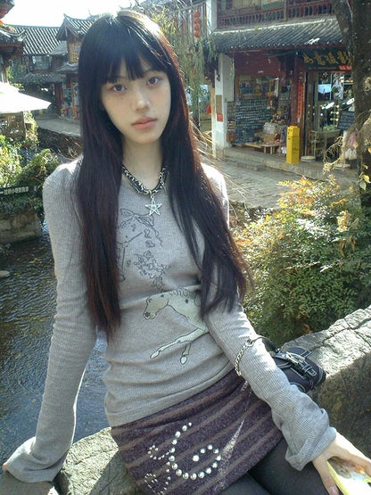 Tonngirls Japanese 2000s T-shirt Women Flare Sleeve Print Graphic Tops Warm Y2k Vintage Tee Tops Korean Style Tshirts Streetwear
