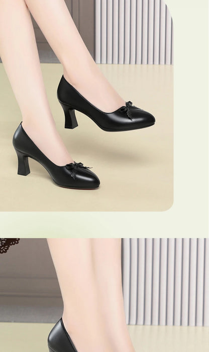 Womens Elegant Bow Decor Block Heel Pumps Smooth Faux Leather Upper Pointed Toe Design Comfort Cushioned Insole NonSlip Outsole