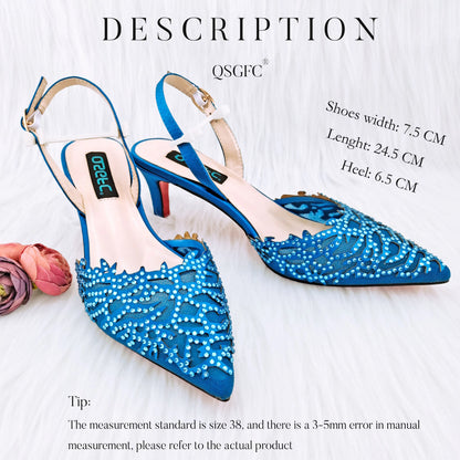 Luxury African Nigerian Bride Party Shoes Sky Blue All Rhinestone Pointed Heels Matching Shoe Bag Set
