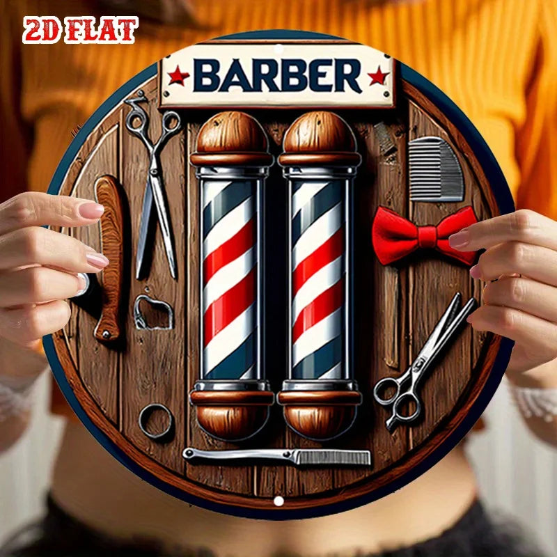 A 2D flat barber shop circular wooden sign - a return design style for homes, garages, restaurants, and cafes