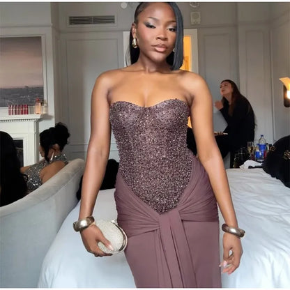Chic Sequins Lace Up Dress Women Cinched Waist Strapless Patchwork Pleated Sleeveless Maxi Gowns 2025 Summer Evening Party Robe