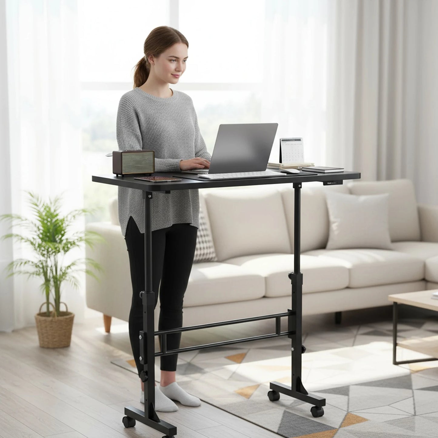 Standing Desk Adjustable Height Mobile Stand Up Desk with Wheels (Black)