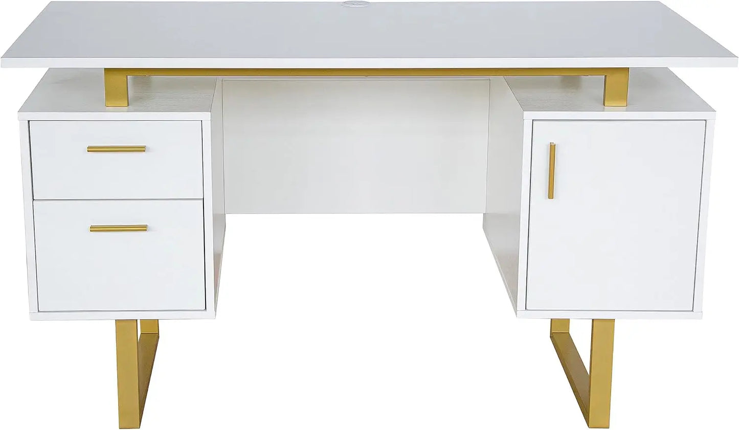 Modern Office Desk with Storage Drawers and Cabinet, Large Floating Desktop, White/Gold Finish