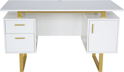Modern Office Desk with Storage Drawers and Cabinet, Large Floating Desktop, White/Gold Finish