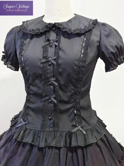 Summer Japanese Lolita Sweet Girls Short-sleeved Tops Women Goth Lace Bow Shirt Single-breasted Blouse Doll Collar Slim Tees New