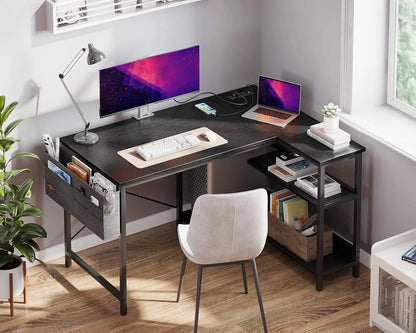 40 Inch L-Shaped Gaming Desk with Power Outlets, Reversible Shelves & PC Stand for Home Office, Black