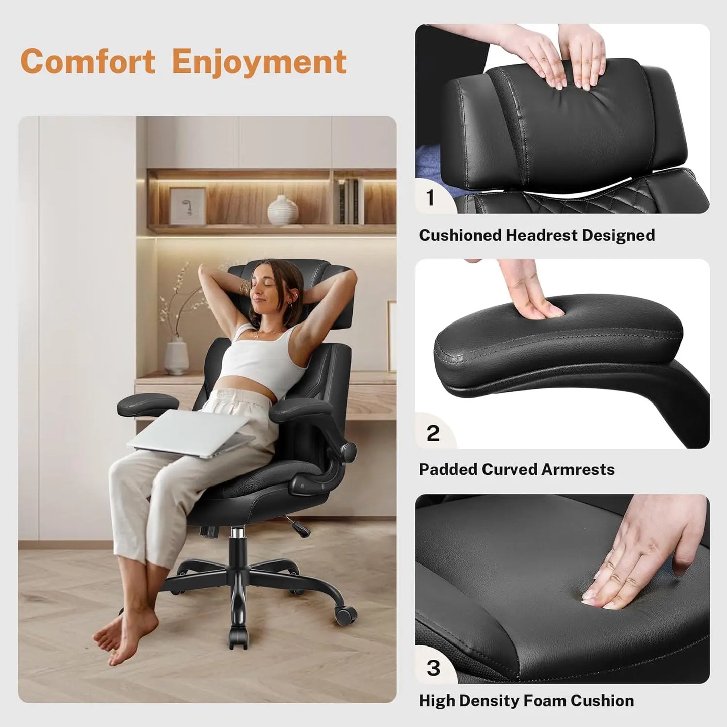 Office Chair Flip Up Arms, Executive Leather Office Chair Ergonomic Desk Chair with Lumbar Support, Adjustable, Customized