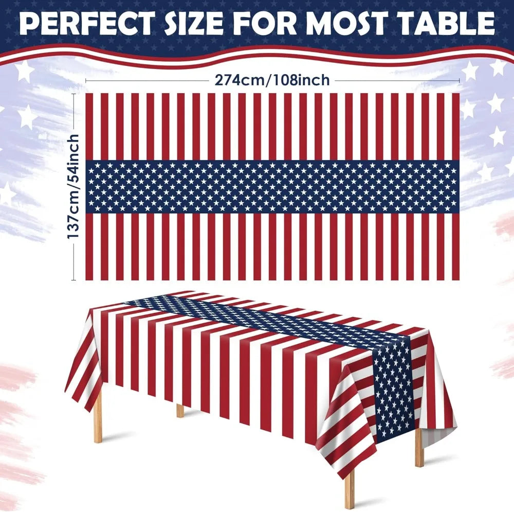 Patriotic American Flag Plastic Tablecloth for 4th of July, 250th Anniversary, Memorial Day, 54"x108", 2 Pack