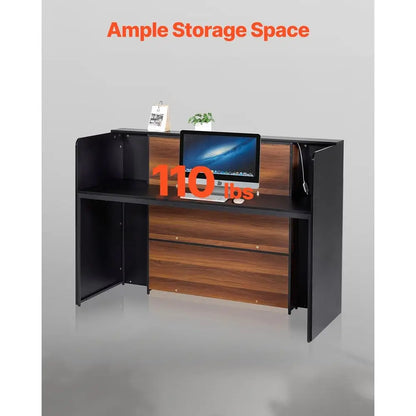 62 Rectangular Front Counter Desk with LED Light for Retail, Lobby, and Office Use, Black & Brown