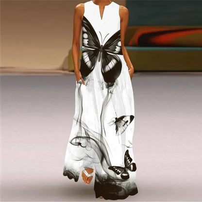 Fashionable V-Neck Sleeveless Long Digital Print Dress with Pocket Summer Sexy XL Women's Clothing Loose Waist Ankle-Length