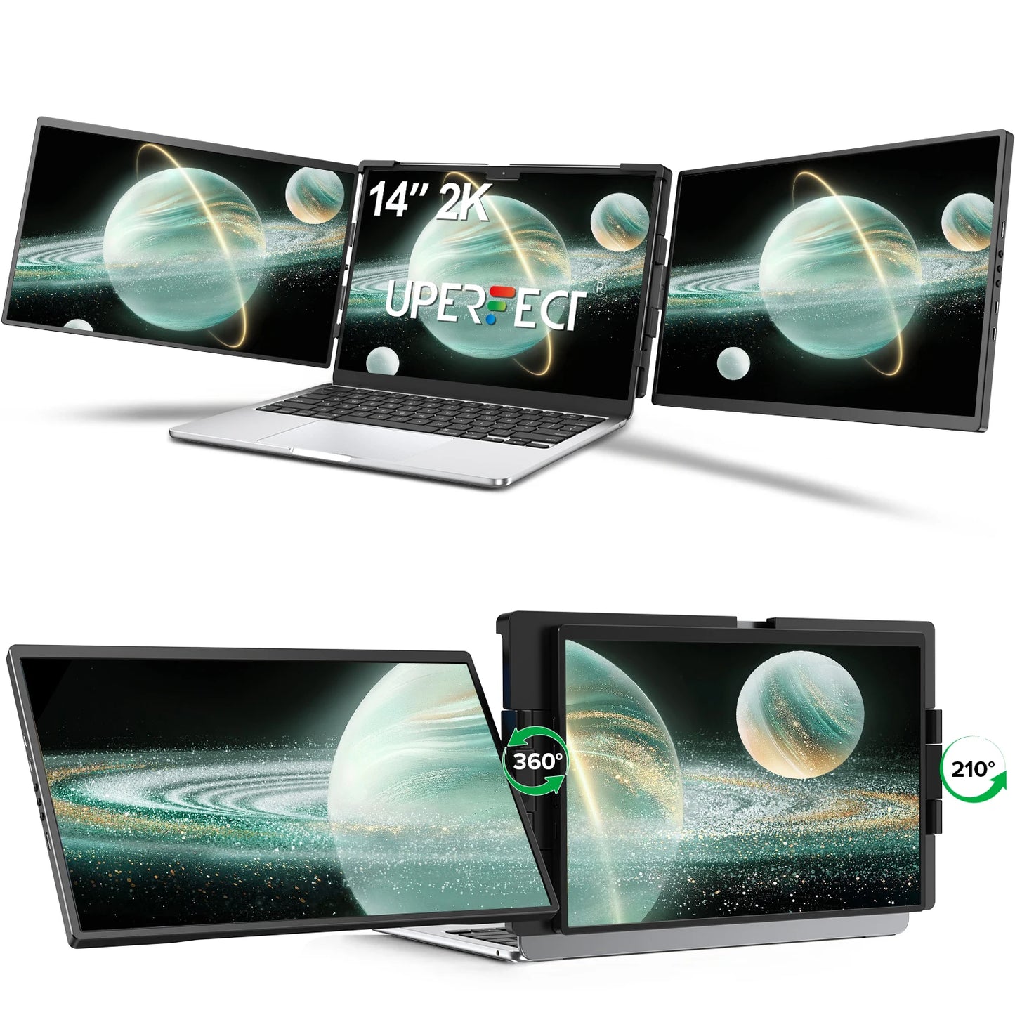 UPERFECT 14" 2K Triple Portable Monitor with 360° Rotation Stand 2240x1400 QHD IPS Laptop Screen Extender for Windows Chrome Mac
