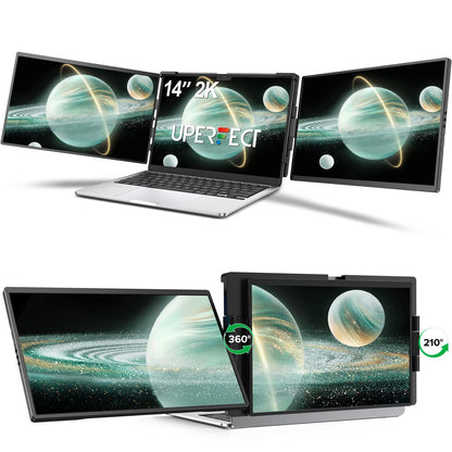 UPERFECT 14" 2K Triple Portable Monitor with 360° Rotation Stand 2240x1400 QHD IPS Laptop Screen Extender for Windows Chrome Mac