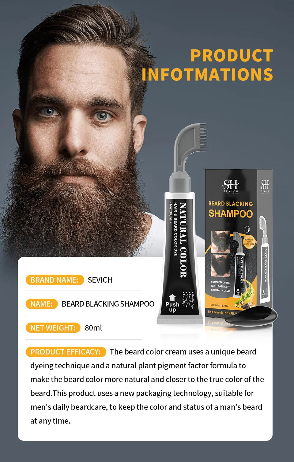 80ml Hair Dye Cream Black Beard Dye Cream For Men Permanent Plant Beard Dye Shampoo Fast Cover White Grey Beard Hair Care