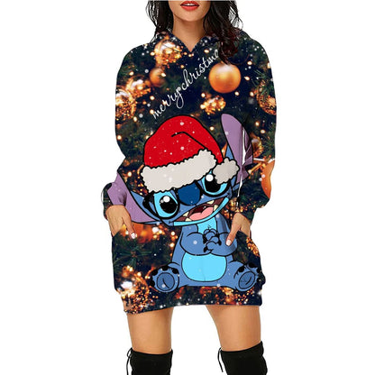 Christmas Disney Brand Stitch Cartoon Long Hoodie Autumn New Mini Sexy Long Sleeved Dress Korean Fashion Elegant Ladies Party