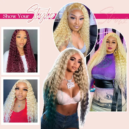 Deep Wave Wigs Human Hair Lace Front 613 13x6 HD Transparent Curly 200% Density Pre Plucked Lace Frontal Wig For Women 30 Inch