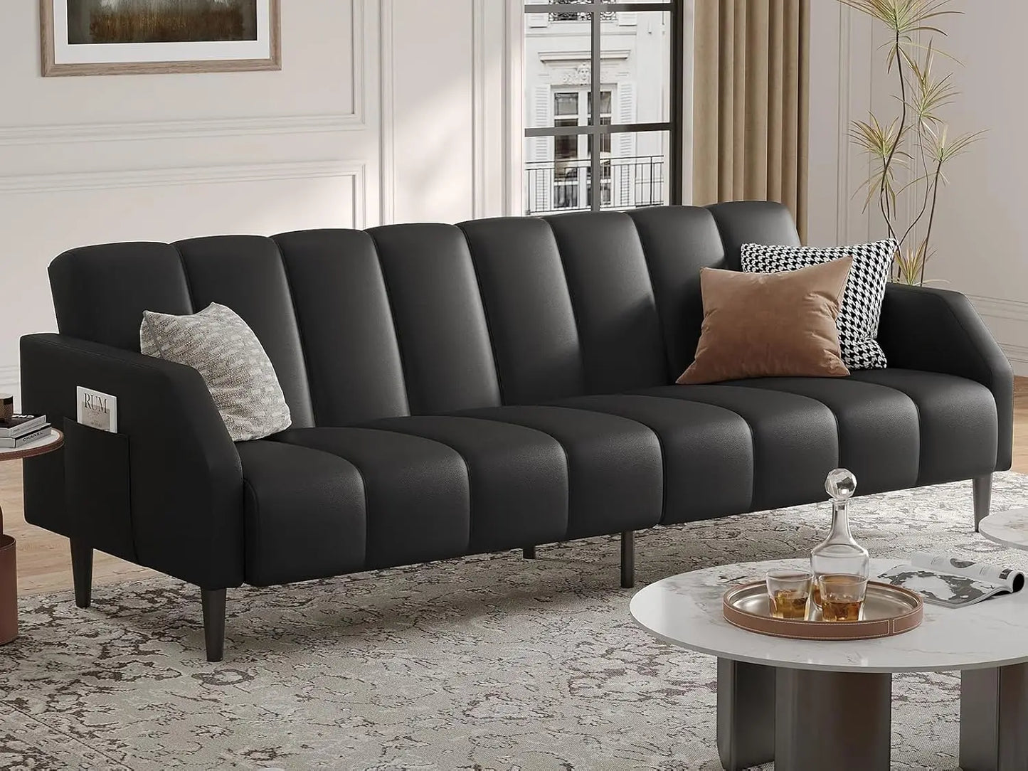 Faux Leather Couch, Convertible Futon Sofa Bed with Adjustable Backrest, Mid Century Leather Sofa Loveseat , Customized