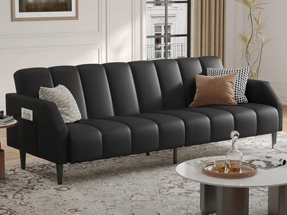 Faux Leather Couch, Convertible Futon Sofa Bed with Adjustable Backrest, Mid Century Leather Sofa Loveseat , Customized