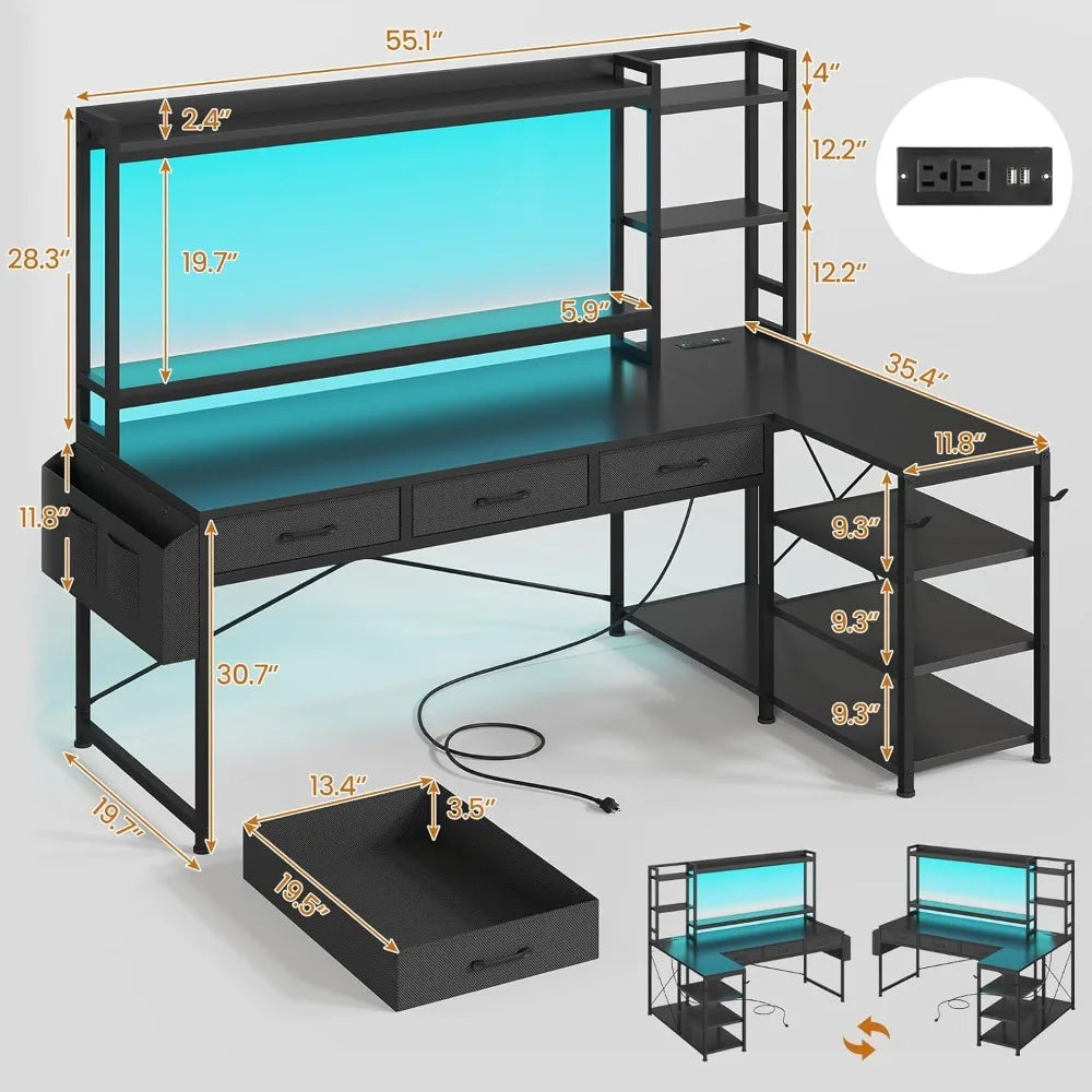 55" L Shaped Gaming Desk, Gaming Desk with Hutch & Drawers, Corner Computer Desk with Shelves and Storage, Customized