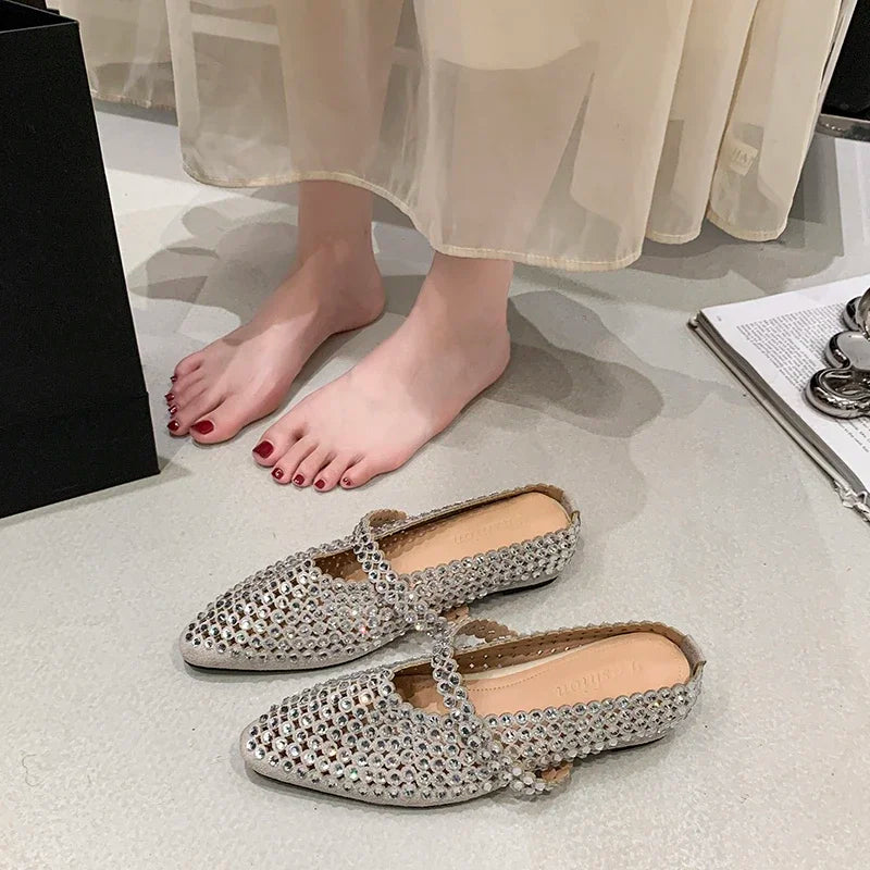 Crystal Women's Pointed Toe Slippers Luxury Flats Sandals Casual Mules Shoes Cozy New Trend Slides Fashion Dress Mujer Zapatos