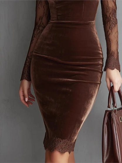 New Sexy Lace See-through Long-sleeved Dress Spring Summer Elegant V-neck Lace Patchwork Waist-covering Hip Dress Robe Femme