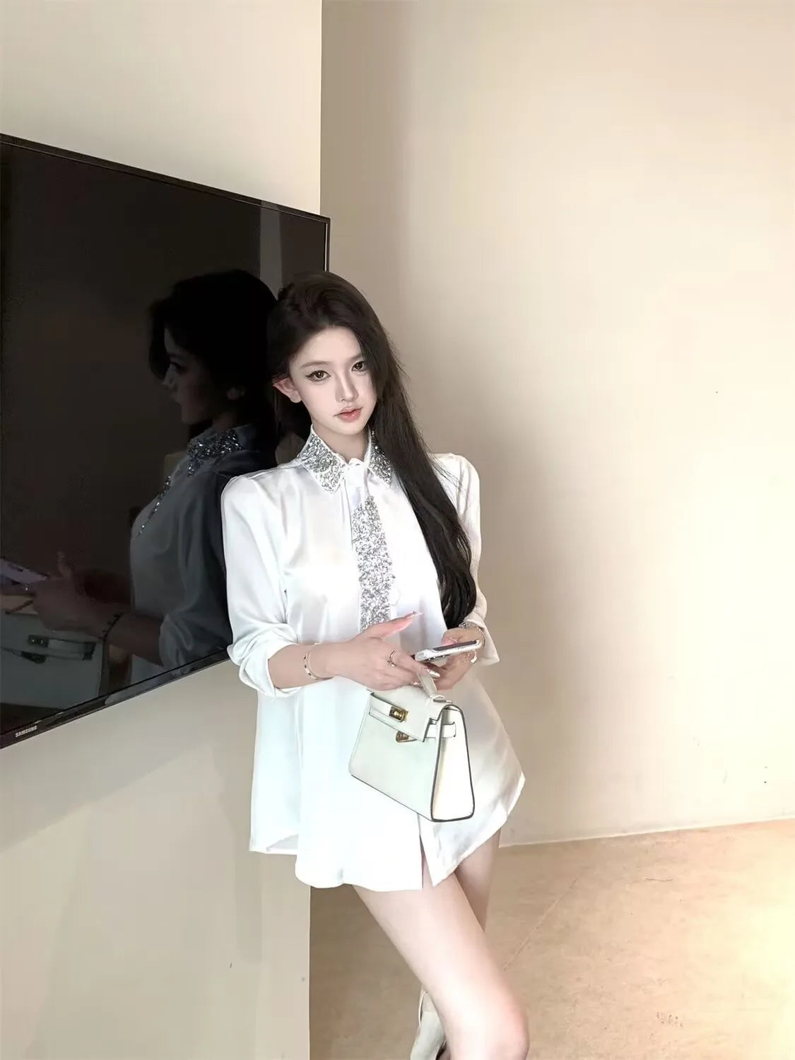 2025 Women's White Shirt New Spring Autumn Crystal Beading With Necktie Chiffon Shirt Female Blouses Ladies Tops Women Clothing