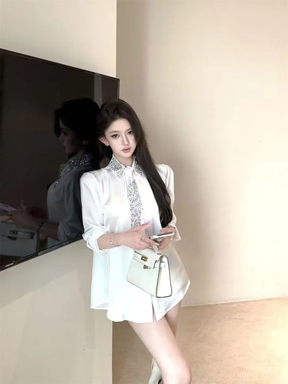 2025 Women's White Shirt New Spring Autumn Crystal Beading With Necktie Chiffon Shirt Female Blouses Ladies Tops Women Clothing