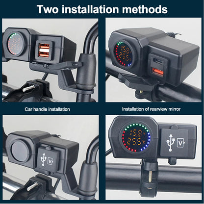 60W QC3.0+PD Motorcycle USB Charger Handlebar Power Adapter with Digital Voltmeter Thermometer Rear Switch Fast Charging Socket