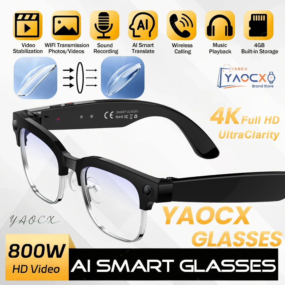 2026 New 4K HD 800W Pixel Dual-Camera Smart Glasses Men 1080P Video Recording AI Chat WIFI Transmission Translation Call Glasses