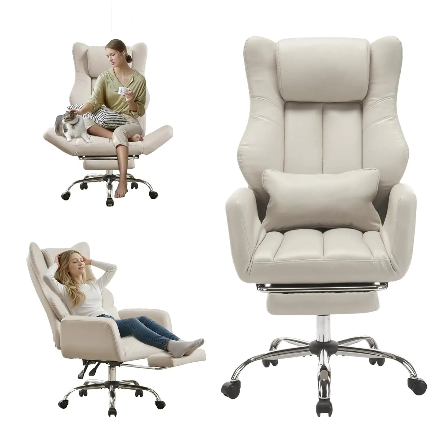 Ergonomic Cloud Cross Legged Office Chair with Footrest,Leather Big and Tall Executive Chair with Wheels,Reversible, Customized