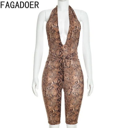 FAGADOER Sexy Python Print Patchwork Bodycon Jumpsuits Woman Halter Deep V-neck Backless Rompers Female Streetwear Overalls New