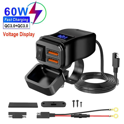 PD QC3.0 Motorcycle USB Fast Charger 60W Handlebar Dual USB Socket with Switch Voltmeter Waterproof 12V Power Supply Adapter