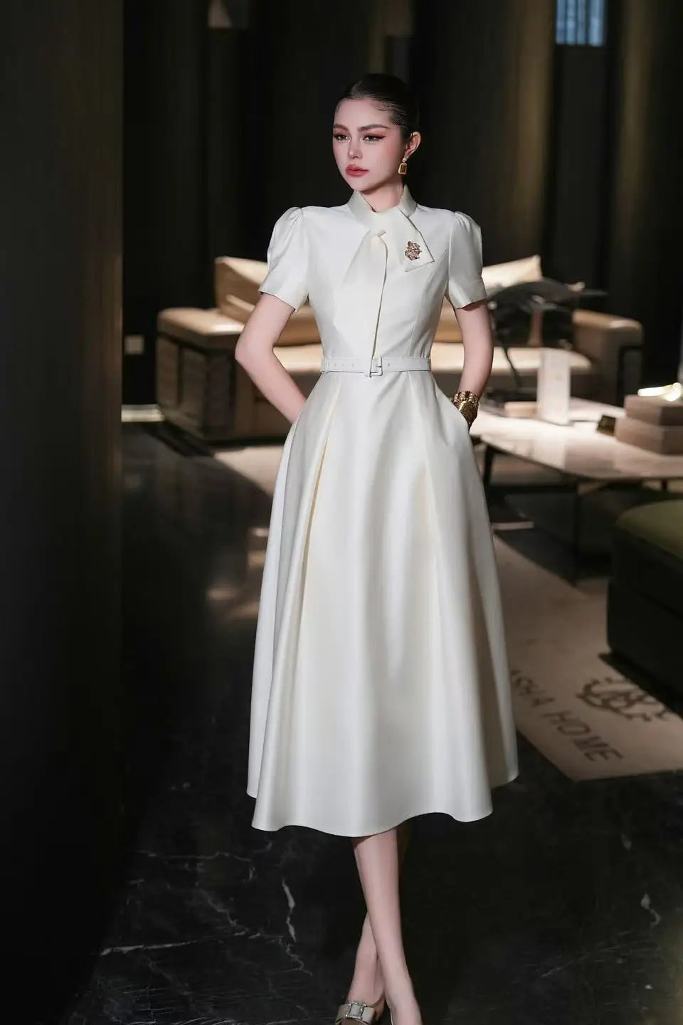 ZJYT Sweet Pink Bow Collar Dress for Women Short Sleeve Midi Formal Party Aline Vestidos Elegant Spring Summer Designer 2025 New