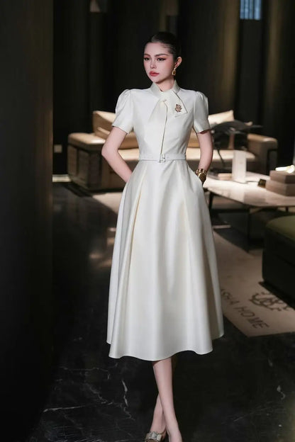ZJYT Sweet Pink Bow Collar Dress for Women Short Sleeve Midi Formal Party Aline Vestidos Elegant Spring Summer Designer 2025 New