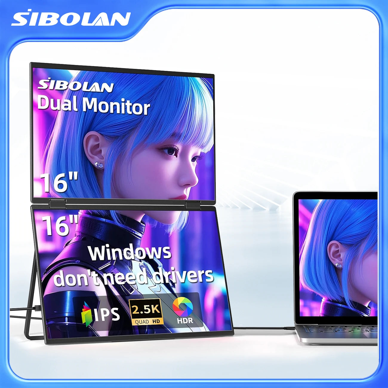 SIBOLAN 16" Dual Portable Monitor 2.5K IPS Folding PC Display USB-C HDMI Plug Laptop Screen Extender for Mac Windows Phone