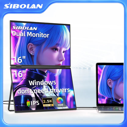 SIBOLAN 16" Dual Portable Monitor 2.5K IPS Folding PC Display USB-C HDMI Plug Laptop Screen Extender for Mac Windows Phone