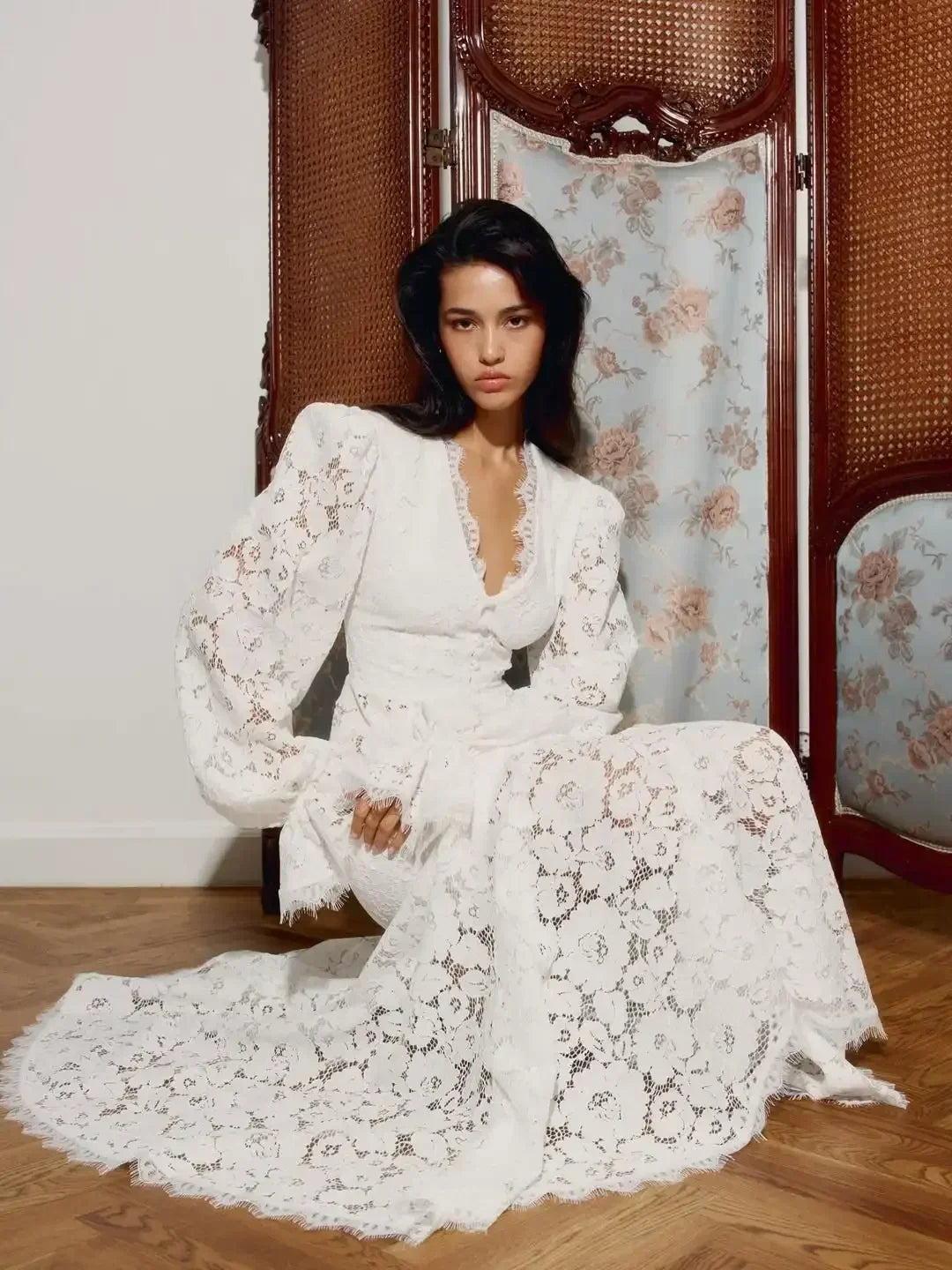 White Lace Patchwork Long Skirt Set Women Chic Full Flared Sleeves V-neck Slim Cropped Sets 2026 Lady Spring Evening Party Wear
