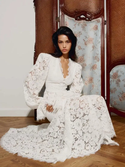 White Lace Patchwork Long Skirt Set Women Chic Full Flared Sleeves V-neck Slim Cropped Sets 2026 Lady Spring Evening Party Wear